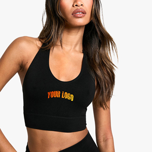 Women's Black Racerback Sports <b>Bra</b> Scoop Neck Medium Support Breathable Spandex/Nylon Material Printed Logo Front High Stretch - Product Image 3