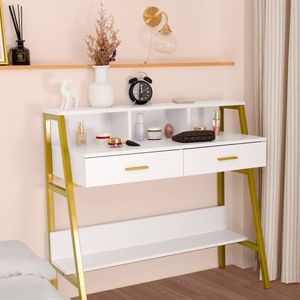 Tavolo da Trucco Illuminato a LED con 2 Ripiani Portaoggetti, Scrivania in Legno per Camera da Letto - Product Image 5