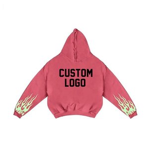 New Arrivals Custom Logo Men's <b>Pink</b> Hooded <b>Tracksuit</b> Set Full Sleeve Flame Print Loose Fit Streetwear Autumn Wear Unisex Adults - Product Image 2