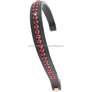 Personalized Red Shining Crystals Diamante Chain Inlaid Empty Channel Padded Leather Horse brow <b>band</b> with Customized Logo <b>Snap</b> - Product Image 1