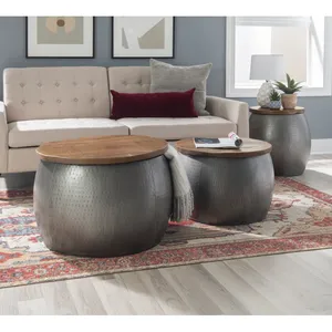 Table basse ronde industrielle en métal avec plateau en bois, diamètre 25 pouces, meuble multifonctionnel pour salon - Product Image 1