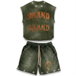 Women Sleeveless T Shirt And Short <b>Set</b> 180 GSM Cotton Polyester Blend Washed Black <b>Mesh</b> Shorts Custom Logo Print Women's <b>Sets</b> - Product Image 2