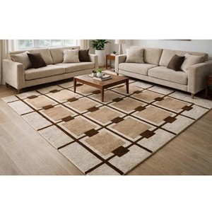 Alfombra Moderna Beige Marrón con Diseño Geométrico, Hecha a Mano con Lana Suave, Alfombra de Lujo para Sala de Estar, Dormitorio, Oficina, Decoración de Piso - Product Image 1