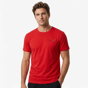 Red Men's Oversized Short <b>Sleeve</b> T-Shirt With Embroidered Logo O-Neck Casual Jersey Cotton <b>Top</b> - Product Image 2