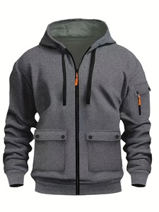 Men's <b>Navy</b> Blue Hooded Zip-Up <b>Sweatshirt</b> Regular Fit Solid Color Casual French Terry Pocket Design Autumn Wear - Product Image 6