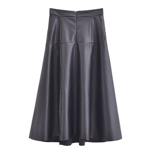 Women's High Waist A-Line Faux Leather Midi <b>Skirt</b> Solid Color Elegant Zipper Back Design All Seasons Wear - Product Image 1