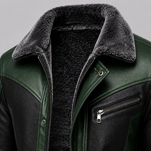 Veste de moto en cuir véritable pour homme, couleur verte et noire, avec doublure en fausse fourrure, fermeture éclair, style motard d'hiver - Product Image 5