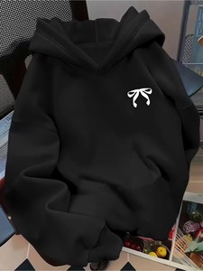 <b>Women</b> Black Hooded Sweatshirt with <b>White</b> Bow Print Front Logo Eco-Friendly Casual Winter Wear Polyester Knitted Full Sleeve - Product Image 1