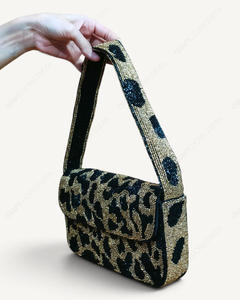 Indian Fully Handcrafted Beaded Leopard Print Shoulder <b>Bag</b> <b>Navy</b> Gold Animal Pattern Handbag Women Wholesale OEM Private Label - Product Image 3