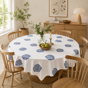 Premium Handcrafted Cotton 70" <b>Tablecloth</b> Elegant Customizable Hand Block Printed Sustainable White Blue Floral Design Home - Product Image 5