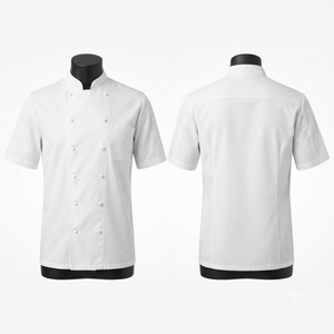 Veste de chef unisexe en twill de coton poly 240 GSM, blanche, manches courtes, broderie personnalisée, logo tissé, pour restaurant et bar - Product Image 1