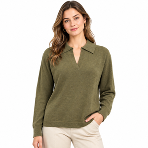 Women's Olive Green Casual Anti-Pilling 100% Cotton V-neck Pullover Long Sleeve Soft <b>Fine</b> Knitwear Winter Daily Wear - Product Image 1