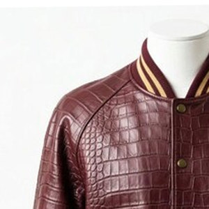 Women's <b>Burgundy</b> Croco Embossed Silk/Cotton Varsity <b>Jacket</b> Full Sleeve Stand Collar Autumn Winter Style Finished - Product Image 5