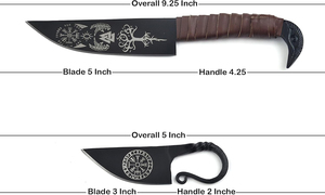 Cuchillo de camping estilo vikingo Raven Norse de la industria SHORT SIGN, hoja de acero de Damasco, punta caída, mango de cuero, funda, HRC60-65, 3 años de garantía. - Product Image 2