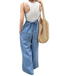 Overol de Mezclilla Holgado de Pierna Ancha, Estilo Elegante de Verano, Transpirable, Cintura Alta, Diseño Estructurado Vintage, Sin Elasticidad - Product Image 4
