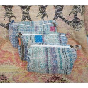 Vintage Kantha Print Cotton <b>Pouches</b> Set of 3 with Zipper Closure Large Size for Travel & Cosmetic Storage - Product Image 5