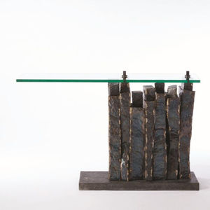 Mesa Consola de Diseño Elegante con Patrón Abstracto, Base de Metal de Primera Calidad Chapada en Oro, con Superficie de Mármol Negro - Product Image 5