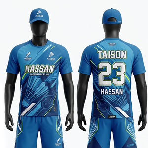 Uniforme de bádminton para hombre, tela premium de poliéster entrelazado, diseño geométrico azul neón y verde, sublimación, conjunto con logotipo personalizado. - Product Image 4