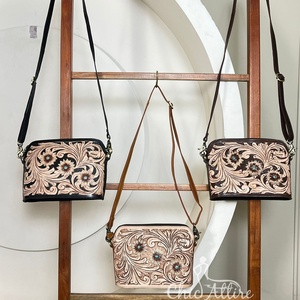 Premium Hand Tooled Leather Crossbody Handbags Floral Carved Design Women Western Style Compact Genuine Leather Shoulder Bags - Product Image 1
