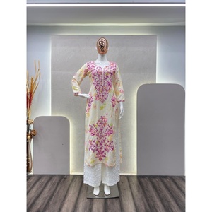 Kurti en rayonne imprimée et brodée avec pantalon palazzo violet et blanc - Product Image 1