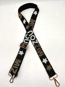 Handmade Embroidered Cotton <b>Handbag</b> Strap with Stars and Letters Rectangular Shape Black Gold <b>Silver</b> Hooks - Product Image 5