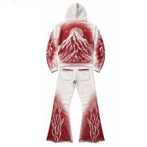 Ensemble de survêtement unisexe imprimé, sweat à capuche et pantalon de survêtement, streetwear, manches longues, coupe ample, motif flamme de montagne rouge et blanc - Product Image 3