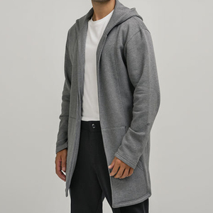 Custom <b>Men</b>’s <b>Grey</b> Longline Open Front Hooded <b>Cardigan</b> with Side Pockets Minimalist Streetwear Jacket - Product Image 5