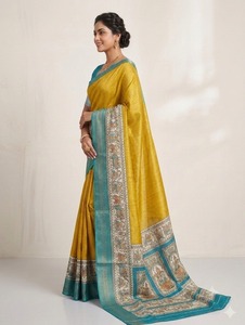 Sari Amarillo de Algodón con Borde Azul y Pallu Bordado para Mujer, Traje Tradicional Indio para Bodas, Protección Solar y Absorción de Humedad - Product Image 4