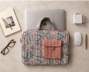 Quilted Cotton High Quality Luxurious Laptop Tote Bag Striped Pocket Vintage Block Print Design Handle Carrying System - Product Image 5