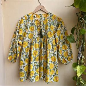 Casual Floral Block Print Tunic Top Deep Neck with <b>String</b> Closer Hand Woven Short Mini <b>Dress</b> Embroidery <b>Dress</b> for Outwear - Product Image 1
