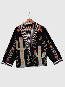 เสื้อแจ็คเก็ตถักสำหรับผู้หญิงไซส์ใหญ่ คอปกแบบผ้าคลุมไหล่ แขนยาว ลายปักลายกระบองเพชร สำหรับใส่ในฤดูใบไม้ร่วง - Product Image 1