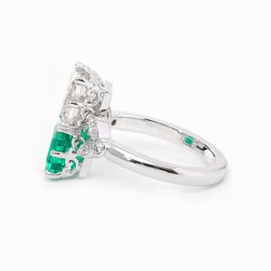 Premium 2ct Two-<b>Stone</b> Emerald Cut Lab Grown Diamond and Emerald Ring with Floral Accent 14K Solid Gold IGI Certified - Product Image 5