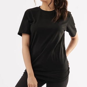 T-shirt noir à col rond pour femme, manches courtes, coupe classique, couleur unie, 100% coton molletonné, respirant, écologique, anti-UV - Product Image 3