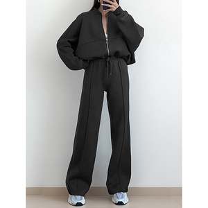 Women's Casual Winter 2 Piece Jogger Sets Oversized Sweatsuit Full <b>Zip</b> Long Sleeve Sweatshirt Wide Leg Sweatpants 100% Cotton - Product Image 1