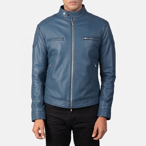 Men's Blue Aniline Zipper Biker <b>Jacket</b> Real Cow Skin <b>Sheepskin</b> Leather with Quilted Viscose Lining Winter Fabric XL - Product Image 5