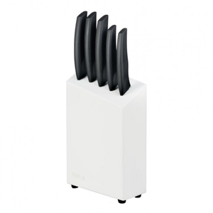Ensemble de couteaux de cuisine modernes en acier inoxydable 5 pièces avec manches ergonomiques noirs, bloc de rangement blanc, lames de coupe aiguisées - Product Image 3