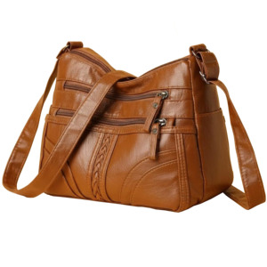 Sac bandoulière en cuir véritable pour femme, avec panneaux unis, fermeture éclair classique, durable, pour usage quotidien toutes saisons - Product Image 5