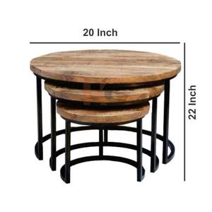 Ensemble de tables basses gigognes rondes avec dessus en bois massif et structure en métal noir |   Ensemble de 3 tables d'appoint - Product Image 5