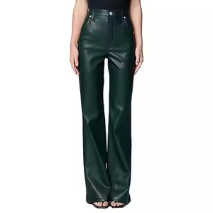Pantalon en cuir véritable pour femme, décontracté, coupe large, taille haute, droit - Product Image 1