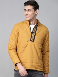 Blouson matelassé jaune moutarde pour homme, demi-zip, col montant, coupe-vent décontracté en polyester, pour l'automne - Product Image 1