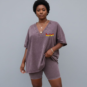 Custom Made Best Quality Women's Casual Short Sleeve 100% Cotton Oversized washed baggy fit ladies streetwear 2 piece set - Product Image 4