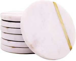 Sous-verres en marbre blanc avec incrustations en laiton doré, décoration de table à thé et à café de luxe pour la maison - Product Image 2