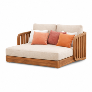 Chaise longue double moderne en teck pour l'extérieur avec coussins, structure en bois, mobilier de jardin et de bord de piscine - Product Image 1