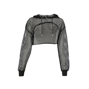Sudadera con capucha de malla negra para mujer, manga larga, corta, transpirable, de punto, color liso, para invierno, informal, de poliéster con cremallera - Product Image 1