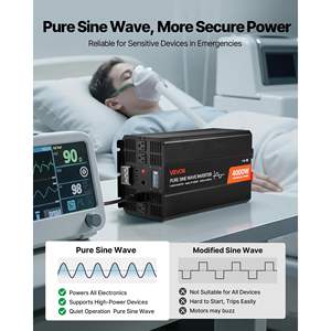 Convertisseur de courant 4000W à onde sinusoïdale pure avec écran LCD, télécommande, 2 ports USB et 4 prises AC pour charge solaire, voiture, camping-car, camion - Product Image 3