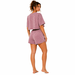 Women's 2 Piece Acid Wash Shorts <b>Set</b> Crop Top Pocket Crew Neck Regular Fit Solid Anti-wrinkle Smocked Waist Garment Dyed <b>Knitted</b> - Product Image 3