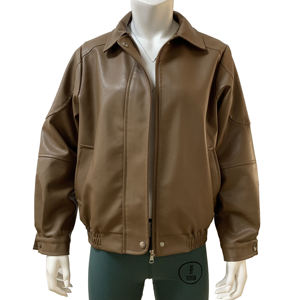 Brown Coated <b>Leather</b> <b>Bomber</b> Jacket <b>Men</b> Front Logo Casual Turn-down Collar Zipper Closure Regular Fit Winter Wear - Product Image 1