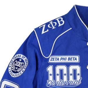 เสื้อแจ็คเก็ต Zeta Phi Beta Centennial Racing Jacket สำหรับผู้หญิง ZPB ฉลองครบรอบ 100 ปี ปี 1920 2020 สีน้ำเงิน สไตล์วาร์ซิตี้ เสื้อแจ็คเก็ตสมาคมนักศึกษาหญิง พรีเมียม - Product Image 4