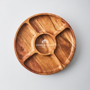 Handmade Mango Wood Sectional Serving Platter with 5 Compartments | Round Wooden <b>Snack</b> and Dry Fruit <b>Tray</b> - Product Image 1