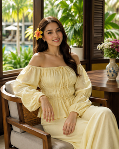 Ensemble haut jaune sans manches à épaules dénudées et pantalon large |   Tenue d'été décontractée en dentelle et coton |   Vacances à la plage pour femmes - Product Image 4